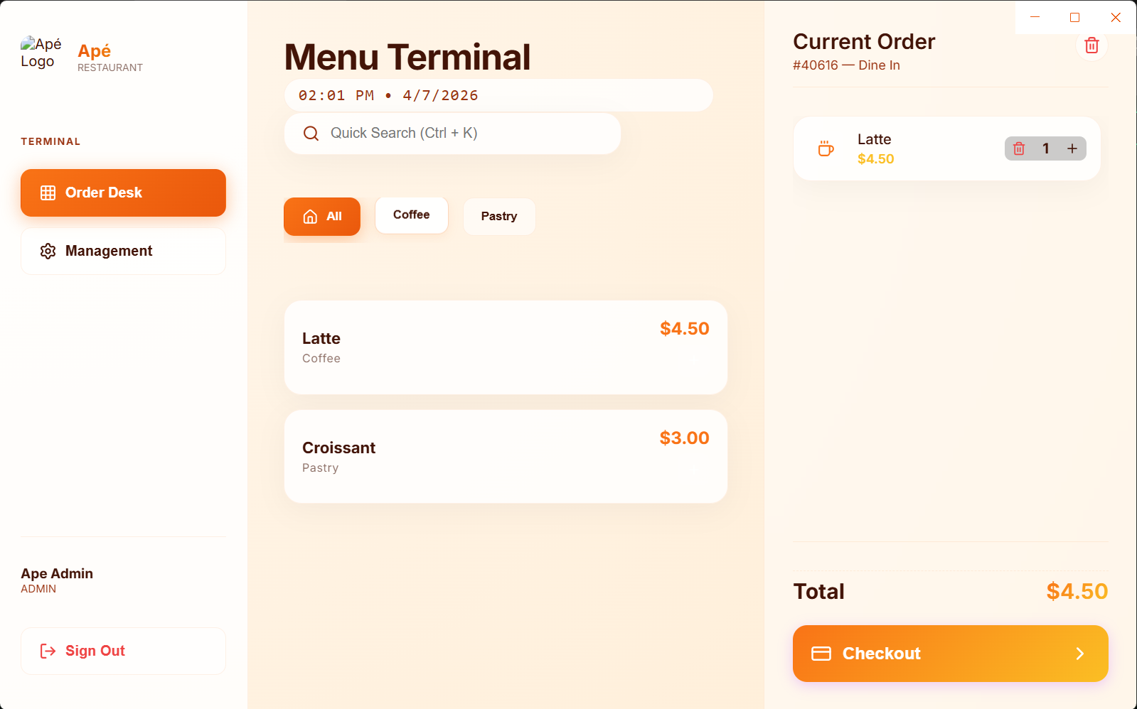 POS Menu Terminal Alternate